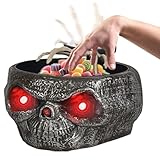 Halloween Candy Bowl, Animated Halloween Skull Pumpkin Bowl, Automatic Sensor/Button Press Scary Candy Dish with Creepy Moving Skeleton Hand and Scream for Trick or Treat to Kids(Skeleton Style)