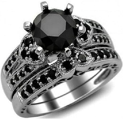 Created Round Cut Black Diamond 925 Sterling Silver 14K Black Gold Finish Bridal Ring Set Wedding Gift for Her