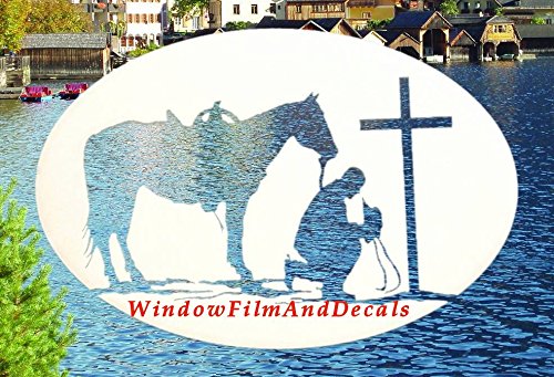Praying Cowboy Oval Etched Window Decal Vinyl Glass Cling - 8" X 12" - White With Clear Design Elements #TOP5