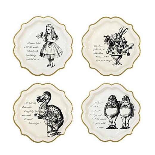 Talking Tables platos medio con borde de oro y detalles de Alice en el país de las maravillas.’Truly Alice.’ Carton.