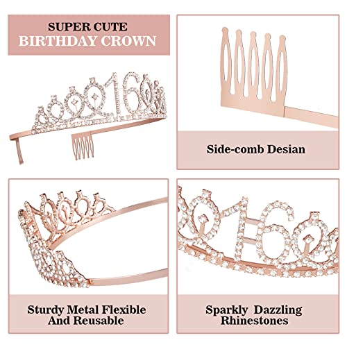 Sweet 16 Birthday Decorations, Including Sweet 16 Sash and Tiara, Cake Topper and Candles, Rose Gold Number Balloons, 16th Birthday Gifts Girl - Image 2