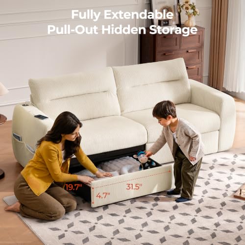 Image of 88.6 inch Modern Storage Loveseat Sofa, Small Couches for Living Room, Beige | Corduroy, USB Charging, Pull-Out Storage, Deep Seat, Comfy Love Seat for Small Spaces, Apartment, Bedroom, Dorm, Office