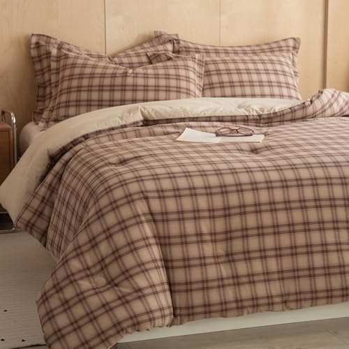 Image of Cyusri Cotton Plaid Full Comforter Set - Soft Lightweight Bedding 3 Pieces Dyed Bed Set with 2 Pillow Shams,Reversible All Season Farmhouse Down Alternative(Full Size 80 inchx90 inch Taupe Plaid)