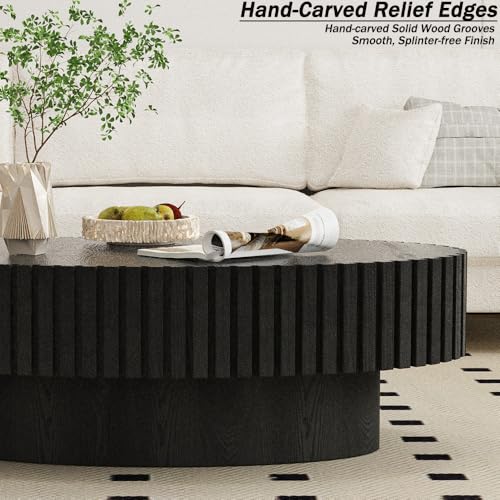 Wxnnx Ovaler Couchtisch Modern Handgefertigt mit Fluted Design und Stabilem Sockel Ellipsen Trommeltisch für Wohnzimmer Kleine Räume, Einfacher Aufbau – Bild 7