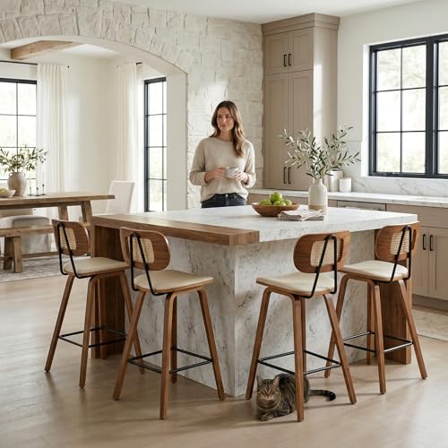 DUOMAY Butacos modernos para bar, juego de 2 unidades, altura de mostrador (26 pulgadas), respaldo de ratán, asiento tapizado en poliuretano, patas de madera sólida, para bar en casa o cafetería, color beige miniatura 3