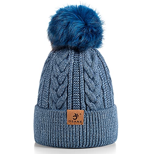 Dsane Women Winter Pompom Beanie Hat with Warm Lined Thick Slouchy Snow Knit Skull Ski Cap(Denim Blue)