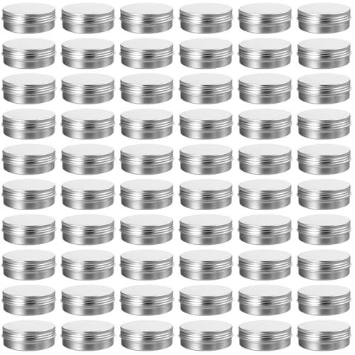 60 Pack 2 OZ Metal Round Tins, Aluminum Tin Cans Containers with Screw Lid for Lotion Bars, Balms, Salve, Spices or Beard Balm
