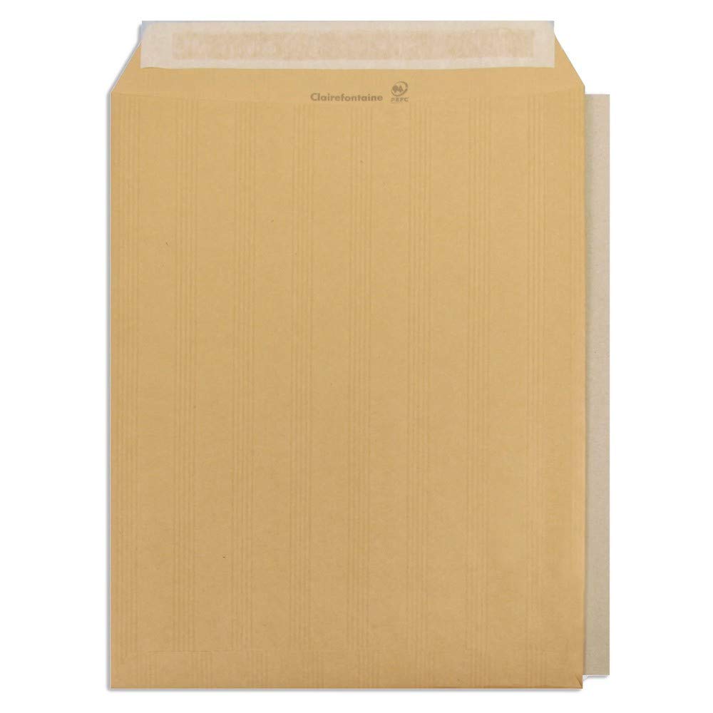 Clairefontaine 7854C - Karton mit 100 Versandtaschen Kraftbraun mit verstärktem Rücken 260x330 mm, selbstklebend, 90g, 1 Karton
