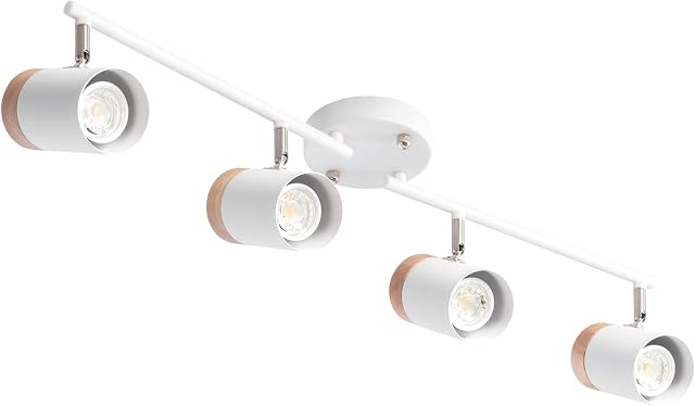4-Light Track Lighting Kit, Flexible Spotlight, White Led Track Light with Metal and Natural Shade for Kitchen, Living Room, Bedroom, Bulb Not Included [Energy Class A+++]