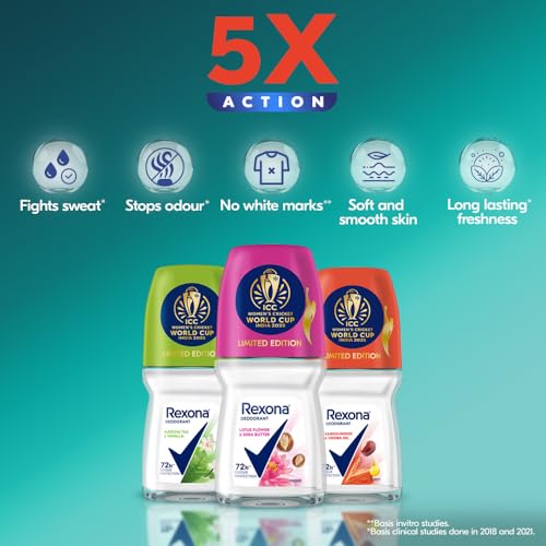 Image of Rexona Lotus Flower & Shea Butter, Matcha Tea & Vanilla and Sandalwood & Jojoba Oil Roll-On| for Women | Limited Edition Pack - ICC Women's Cricket World Cup India 2025 |50 ML (Pack of 3)