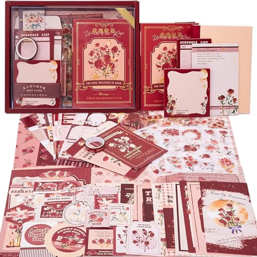 Image of VOTDOT Paper Junk Journal & Scrapbook Kit, Scrapbooking Supplies Kit with Creative Decor Journaling Supplies, Stationery, Stickers, A6 Grid Notebook with Graph Ruled Page Gift for Girl (Rose Scrapbook)