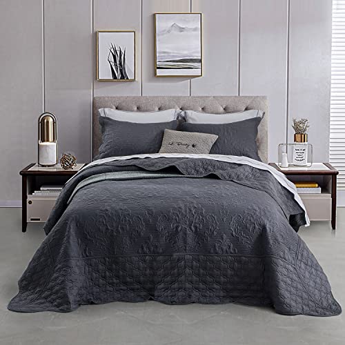 Image of CHIXIN Bedspread Coverlet Quilt Set Full Size - Lightweight Bedding Cover - Ultrasonic Quilting - 5 Piece Reversible Bedspread - Elegant Damask Paisley Pattern (Full, Dark Grey)