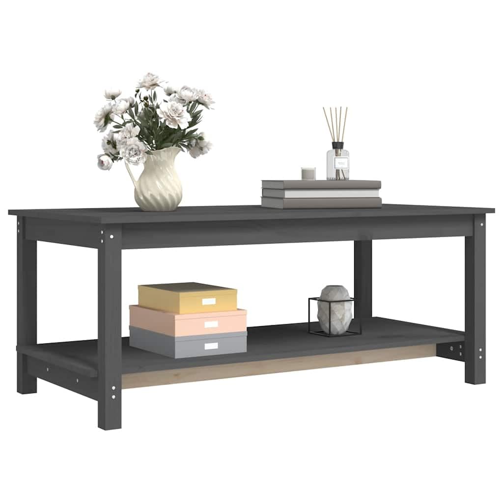Générique Stolik kawowy z litego drewna sosna szary 110x55x45 cm | Dwupoziomowa konstrukcja, otwarta półka, stabilna rama, uniwersalne zastosowanie w salonie