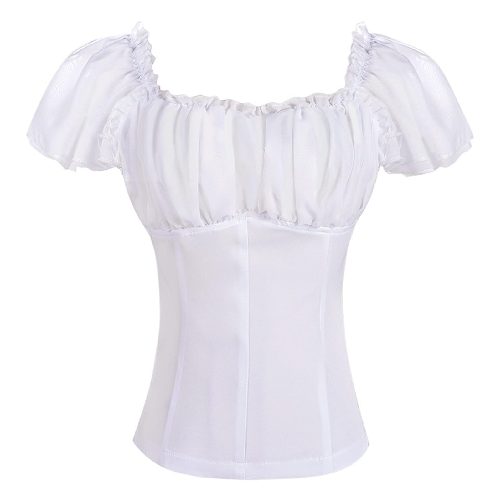 GMQWRK Women's Square Neck Shirts Elegant Puff Sleeve Cropped Tops Vintage Ruffle Frill Trim Slim Fit Crop Shirt Medieval Renaissance Blouse Teen Girl Halloween Costume Top for Corset Belt White
