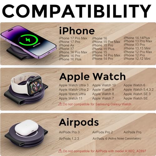 Image of Hicober 3 in 1 Charging Station for Apple Multiple Devices, Foldable Travel Wireless Charger 18W for iPhone Air 17 16 15 14 13 Pro Max Plus &Apple Watch Series /Airpods Purple