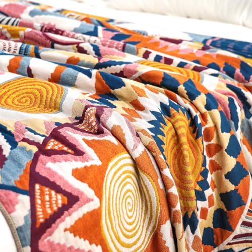 Boho Throw Blanket, 100% Organic Muslin Cotton Skin-friendly Breathable Ultra Soft Bed Quilt Throw - All Season Bohemian Decor Luxury Colorful Blanket for Sofa Couch Chair and Gift. 50" x 60"