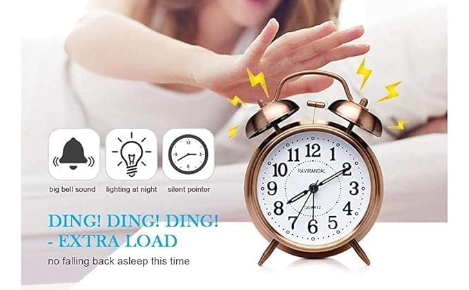 Image of Classic Twin Bell Analog Alarm Clock - Retro Metal Table Clock with Night Light & Loud Ringer - Ideal for Bedroom, Office, or Study (Copper)