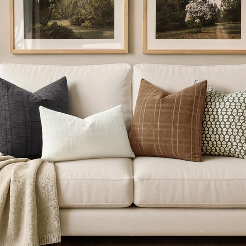 Image of MIULEE Decorative Linen Check Euro Shams Throw Pillow Covers Neutral Farmhouse Vintage Pillow Covers 24x24 Set of 2 Boho Modern Winter Home Decor for Sofa Couch Bedroom Cushion Camel Brown