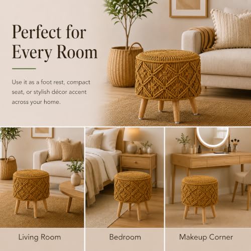 Image of Macrame Ottoman for Living Room | Handcrafted Woven Foot Rest Stool with Solid Wooden Legs | Pouffe for Sitting, Foot Stool for Bedroom & Home Decor | 16x16x18 Inch (Mustard)