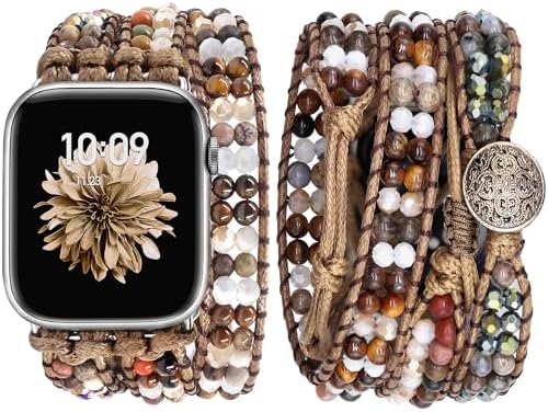 JR.DM Boho Beaded Band Women Compatible with Apple Watch 42mm(S3/2/1) 44mm 45mm 46mm 49mm Brown Stone Bracelet Adjustable Handmade Braided Strap for iWatch Series 12/11/10/9/8/7/6/5/4/3/2/1/SE/Ultra