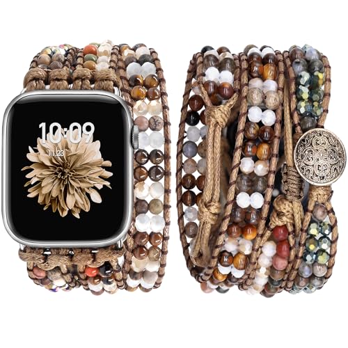 JR.DM Boho Beaded Watch Bands for Women Compatible with Apple Watch Band 38mm 40mm 41mm Brown Stone Bracelets Adjustable Handmade Braided Rope Watch Strap for iWatch Series 9/8/7/6/5/4/3/2/1/SE/Ultra