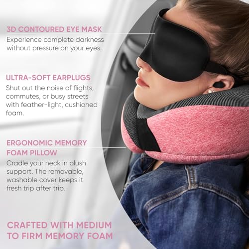 Image of Proglobe Pink Airplane Travel Pillow Set, 100% Pure Memory Foam Neck Pillow, Updated Material, Long Flight Travel Kit with 3D Contoured Eye Masks, Earplugs, and Luxury Bag