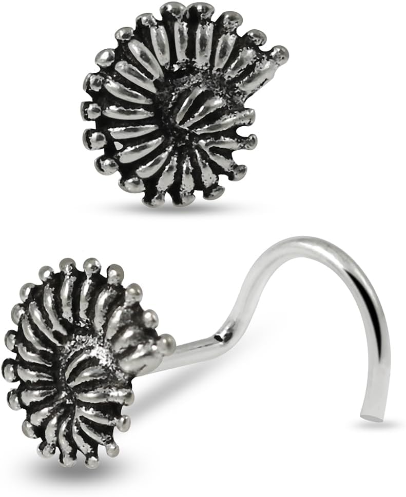 925 Sterling Silver Oxidized Snail Design 22 Gauge Corkscrew Twist Nose Screw - Tiny Nose Stud - Silver Nose Piercing Body Jewelry