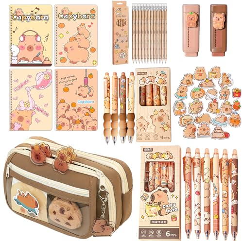 Cute Capybara Stationery Set - Large Pencil Case 4 A5 Spiral Notebooks 10 Ballpoint Pens (2 Styles) 12 Pencils 2 Erasers - Perfect Back-to-School Essentials and Birthday Gift for Kids (Capybara)