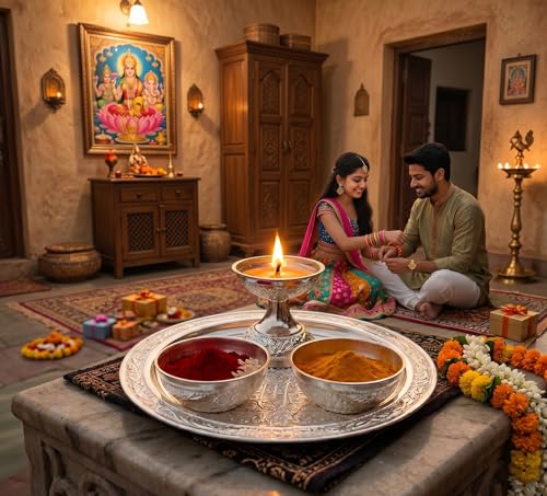 Image of KridayKraft Silver Plated Pooja Thali Set with Swastik Design - Includes Diya and 2 Bowls for Puja, Diwali, and Gifting (19 cm Plate, 110g)