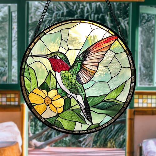 image for AMDERVEN Stained Glass Window Hanging, Green Hummingbird Sun Catcher f
