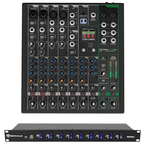 Audiosavings Bundle: (1) Mackie ProFX10v3+ 10-Channel Analog Mixer w/Enhanced FX Bundle with Rockville RDF9U 1U 15A Rack Mount DJ Pro Audio Power Supply Strip w/USB Charging(2 Items)