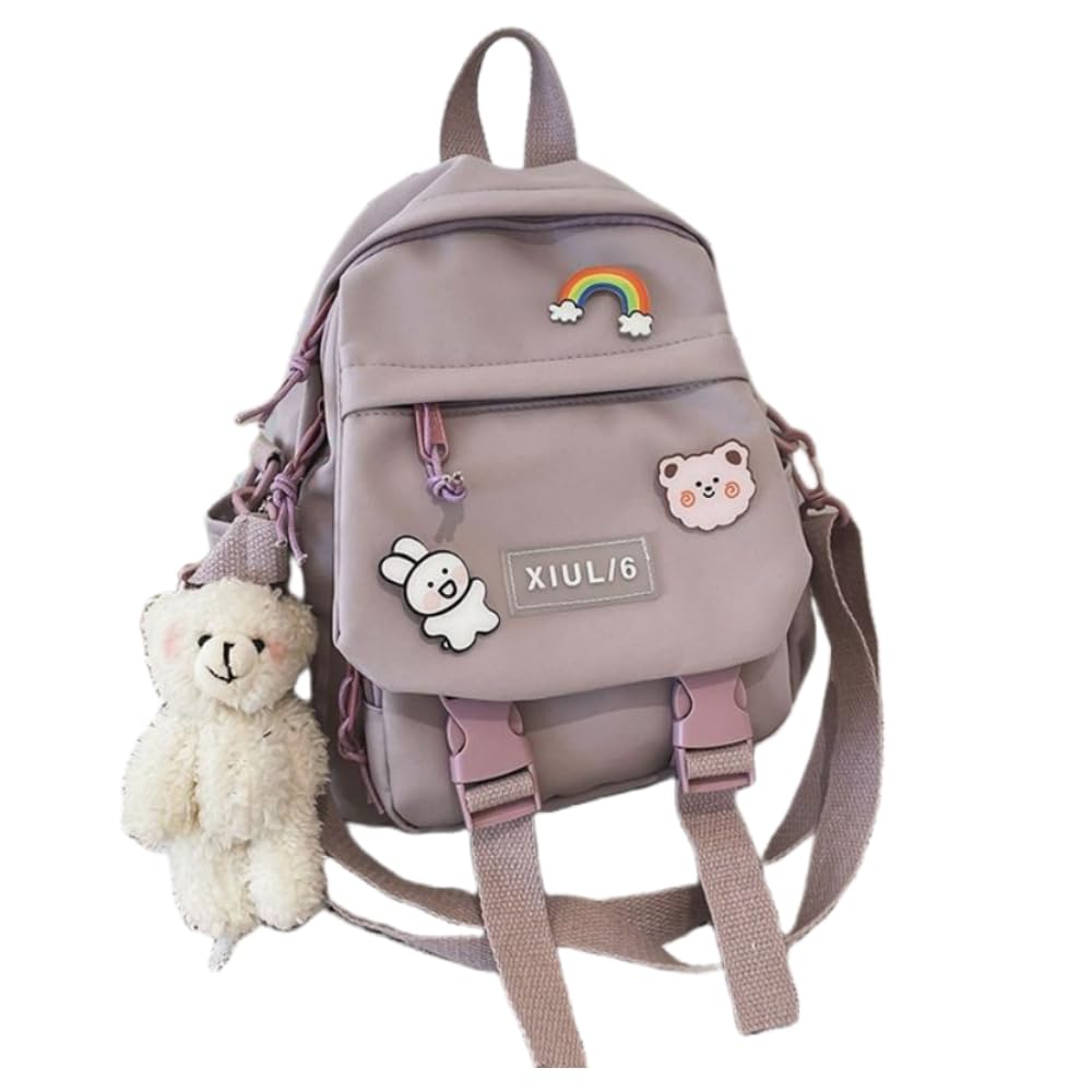 AlmondJoy Mini Backpack Aesthetic Backpack Cute Canvas Backpack Casual Travel Daypacks Solid Color Bag Badge Bear Purple