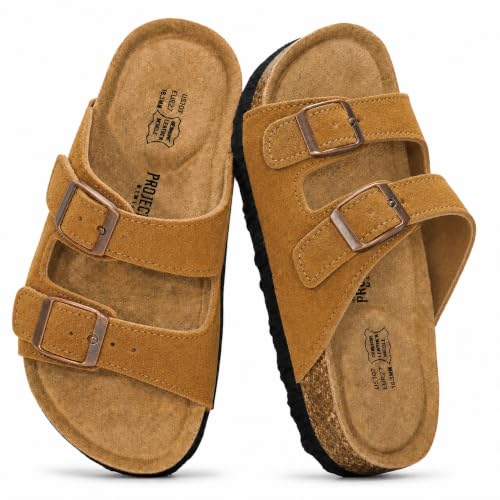 Image of Project Cloud Kids Sandals 100% Genuine Leather - Natural Cork Footbed Non-Slip Slides for Kids - Lightweight Boys & Girls Sandals - Water-Resistant Girls & Boys Sandals