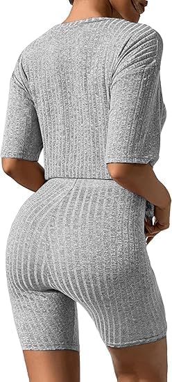 Pajamas 2 Piece Lounge Sets Ribbed Knit Matching Outfits T-shirt Biker Shorts Sleepwear Loungewear Sweatsuits2