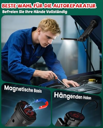 Coquimbo LED Arbeitsleuchte Werkstattlampe, Taschenlampe LED Aufladbar Werkstatt Handlampe mit Magnet und Haken für Auto Reparatur Camping Notfall, Geschenke für Männer (4 Stück, Schwarz)
