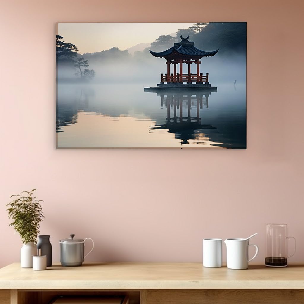 Canvas for Living room. Whispers of Dawn at the Mist-Shrouded Pavilion, 27 x 18 inch Canvas Wall Art - Contemporary Masterpieces - Nature Home Decor