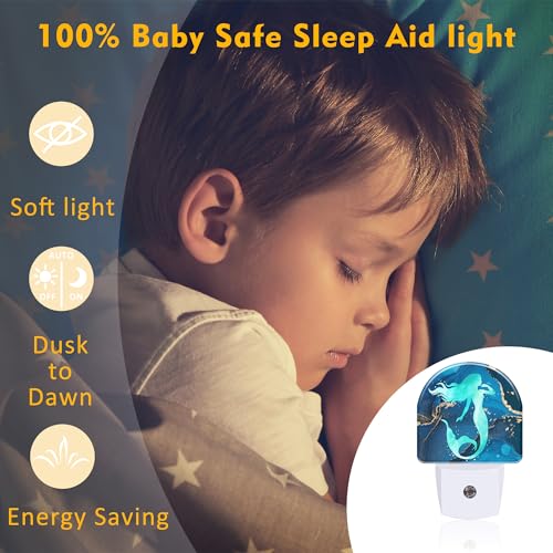 Image of Watercolor Turquoise Mermaid Night Light for Kids,Navy Blue Golden Marble Night Light Plug in with Dusk to Dawn Sensor,0.5w Energy Saving Nightlight for Hallway Stairway Kitchen Bedroom