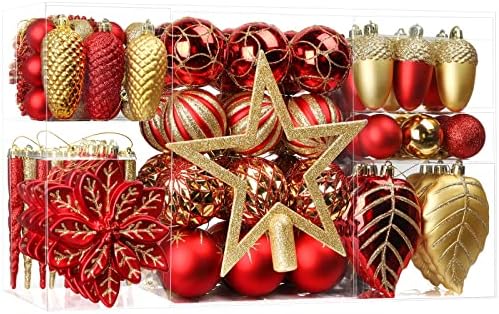 SHareconn 106pcs Christmas Balls Ornaments Set, Shatterproof Plastic Decorative Baubles for Xmas Tree Decor Holiday Wedding Party Decoration with Hooks Included, Red & Gold