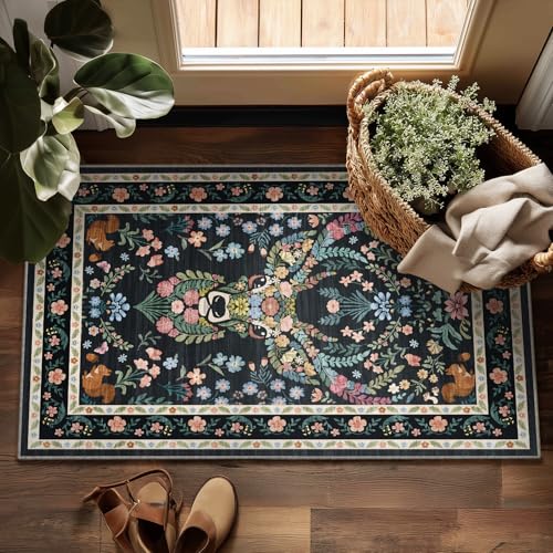 Image of Non-Slip Washable Entry Rug Vintage Floral Deer Pattern 2x3 - Bohemian Forest Animal Carpet with Squirrel & Butterfly, Soft Decorative Area Rug for Living Room Bedroom Home Decor
