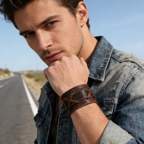 Pulsera de cuero marrón ajustable para hombre miniatura 3