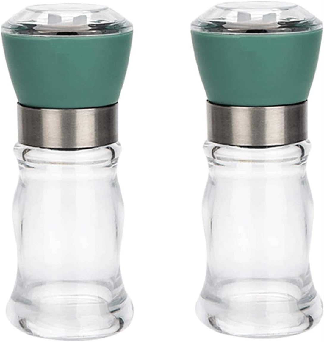 Salt and Pepper Grinder Set,Adjustable Coarseness Ceramic Grinding Mechanism Kitchen Tools,Glass Body Seasoning Bottle Manual Spice Mill (Color : Green) (White)