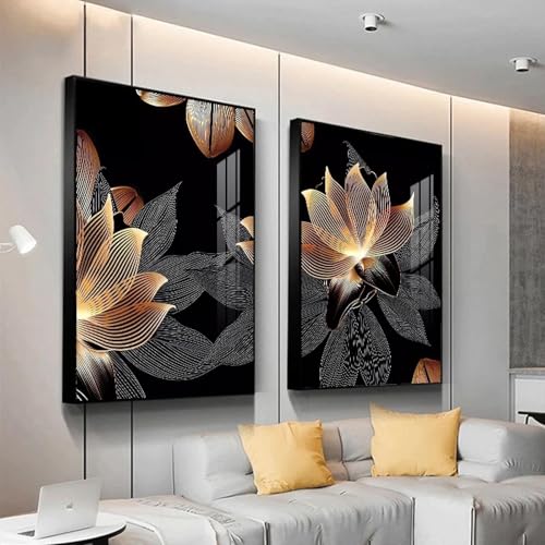 Peinture murale abstraite feuilles d'or et noir, impression haute définition 80x110cm