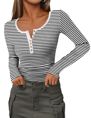 Zeagoo Womens Long Sleeve Henley T Shirts Button Ribbed Knit Slim Fitted Tee Tops Basic Casual Work Blouse XS-XXL