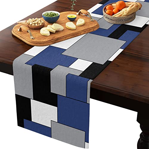 Table Runner 60Inch Long Scarf Blue Black White Grey Geometry Art Dresser Scarves Cotton Linen Burlap Table Runners For Kitchen Dining Seasonal Holiday Party Decor Splicing Modern Color Block #TOP1