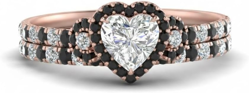 Choose Your Gemstone Delicate Halo Ring with Matching Band Rose Gold Plated Heart Shape Wedding Ring Sets Everyday Jewelry Wedding Jewelry Handmade Gifts for Wife US Size 4 to 12