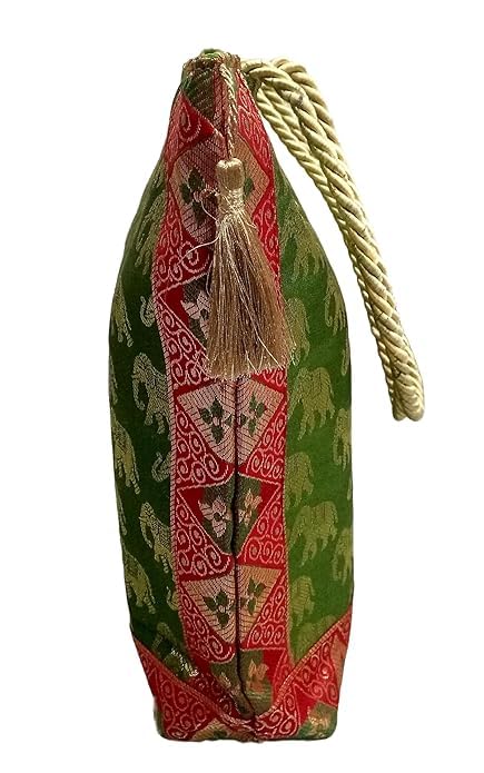 Image of Hand Purse | Traditional Hand Purse | Silk Wallet Hand Bag | Shagun HandPurse | Gifts HandBag | Golden Handle Tote Handbag | Brocade Shoulder Bag | 16 INCH