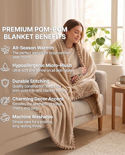 Image of BSB HOME 280 GSM Pom Pom Blanket, Ultra Soft Plush Fleece Throw Blanket with Pom Pom Fringe, Cozy Lightweight Warm Blanket for Sofa, Couch, Bed, Skin Friendly & Easy Care, 90 x 90 Inches - Warm Sand