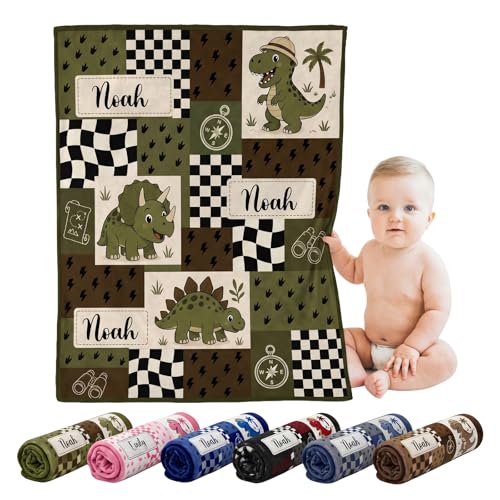 Image of Personalized Baby Boy Blanket with Name, Custom Dinosaur Flannel Fleece Throw Blankets for Newborns & Toddlers, Safari T-Rex Nursery Decor, Unique for Boys