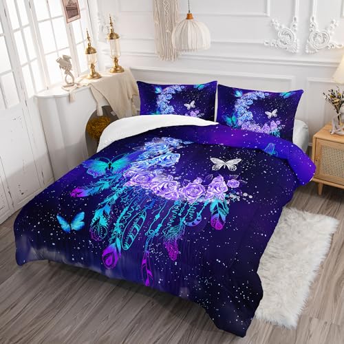 Image of AILONEN Rose Comforter Set Full Size,Galaxy Moon Rose Bedding Set,Blue Butterfly Floral Bed in a Bag Duvet Set 3 Pieces, 1 Quilt and 2 Pillowcases