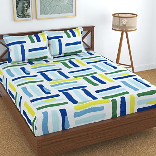 Image of KAWI Elatic Fitted Bedsheets Queen Size(60 inchX78 inch) Cotton Feel Double Bed All Around Elastic Fitting With 2 Pillow Covers-White /Green Color,220 TC